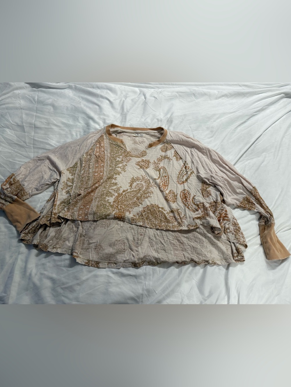 We The Free Cream Paisley Long Sleeve High Low Top with Tan Accents